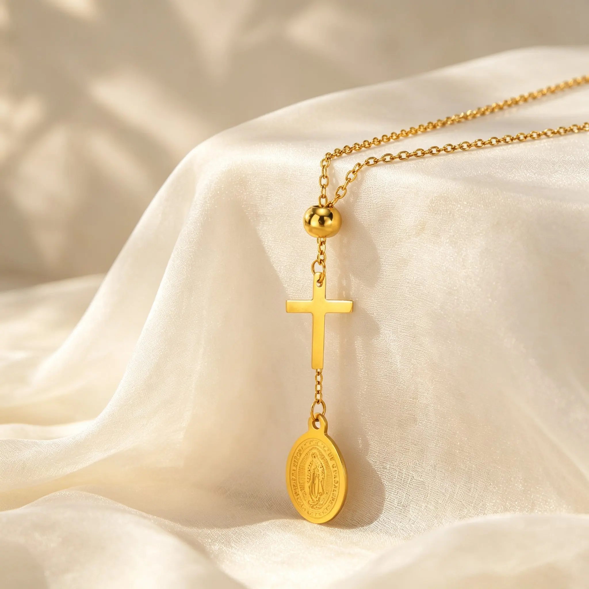 Rosary Virgin Mary Cross Pendant Necklace, Stainless Steel Sliding Bead Clasp Adjustable Lariat Y-shaped Necklace for Women
