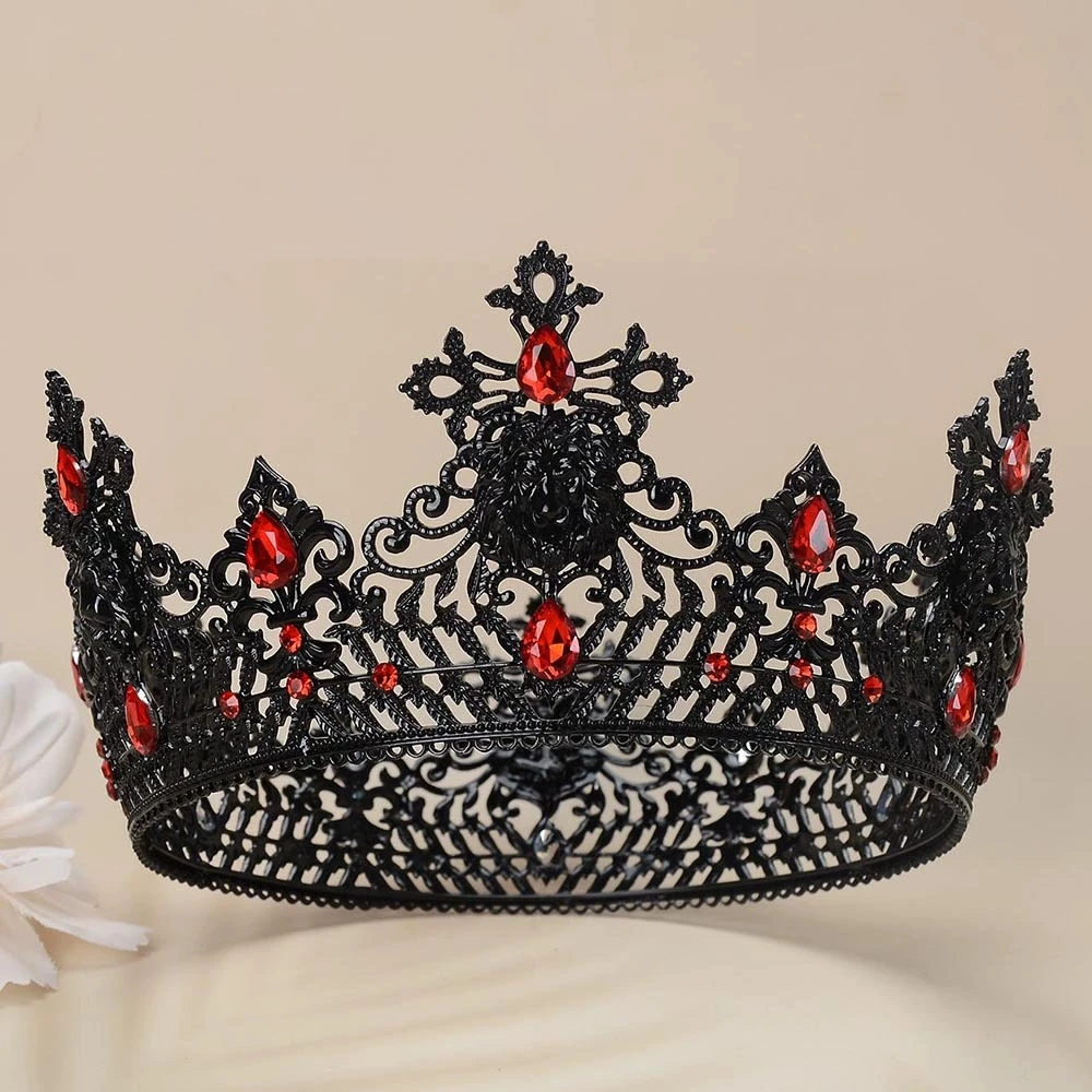 Gothic Black King Crown with Red Rhinestone Lion Embossed Baroque Full Round Tiara Halloween Cosplay Vampire Party Wedding Tiara