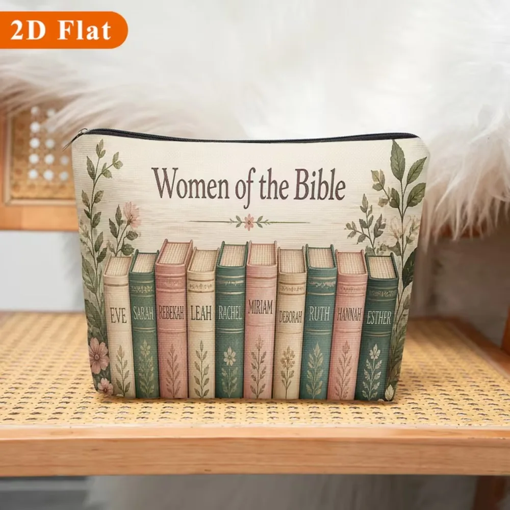 Women of the Bible Vintage Floral Book Canvas Makeup Bag Christian Inspirational Cosmetic Pouch Portable Religious Women Gift