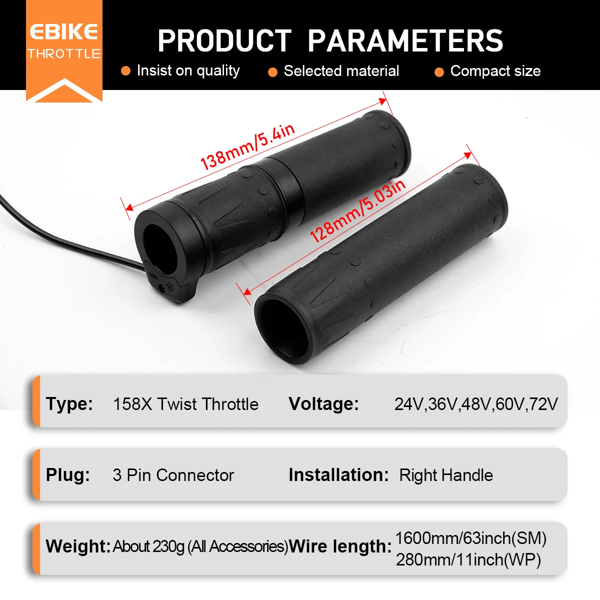 

WUXING 158X Electric Bike Right Handle Twist Throttle 24V-72V 3Pin Waterproof/SM Connector for E Bikes or Electric Scooter Parts