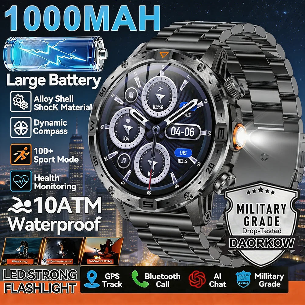 

Новые умные часы 2026 года для мужчин: военные, уличные, с HD AMOLED-экраном, 1000 мАч, для спорта и фитнеса, со светодиодным фонариком, водонепроницаемые IP68, с беспроводными звонками