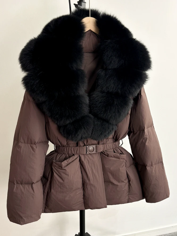 Lagabogy 2025 Large Real Fox Fur Winter Belt Waist-Tight Elegant Warm 90% White Duck Down Jacket Female V-neck Loose Puffer Coat