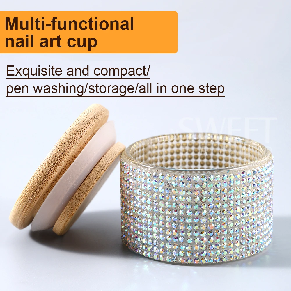 SWEET TREND-1/2pcs Nail Brush Cleaner Cup Crystal Glass Cup with Stainless Steel Mesh Base Nail Drill Bits Cleaning Container