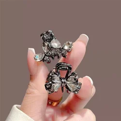Black Alloy Mini Bow Hair Clip With Clear Rhinestones For Women Elegant Daily Wear Side Bangs Accessory Gift