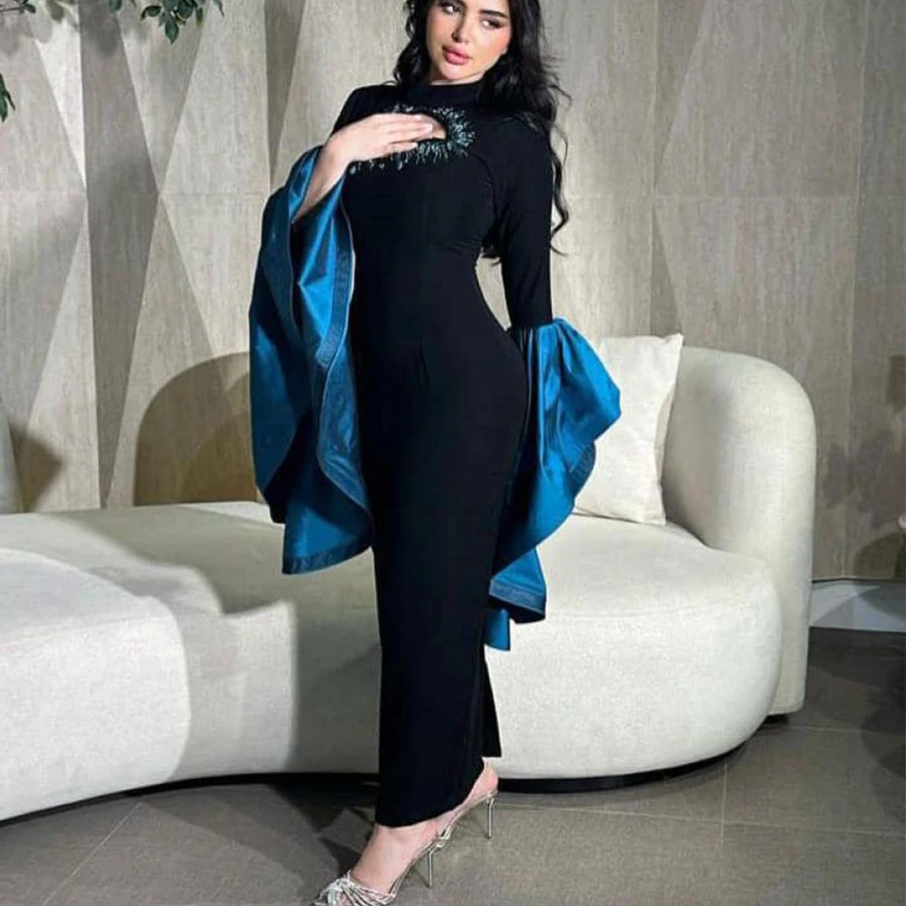 Modern Sheath Evening Dress High Neck with Beading Long Sleeve Saudi Arabia Women Formal Customized Ankle Length فساتين سهرة