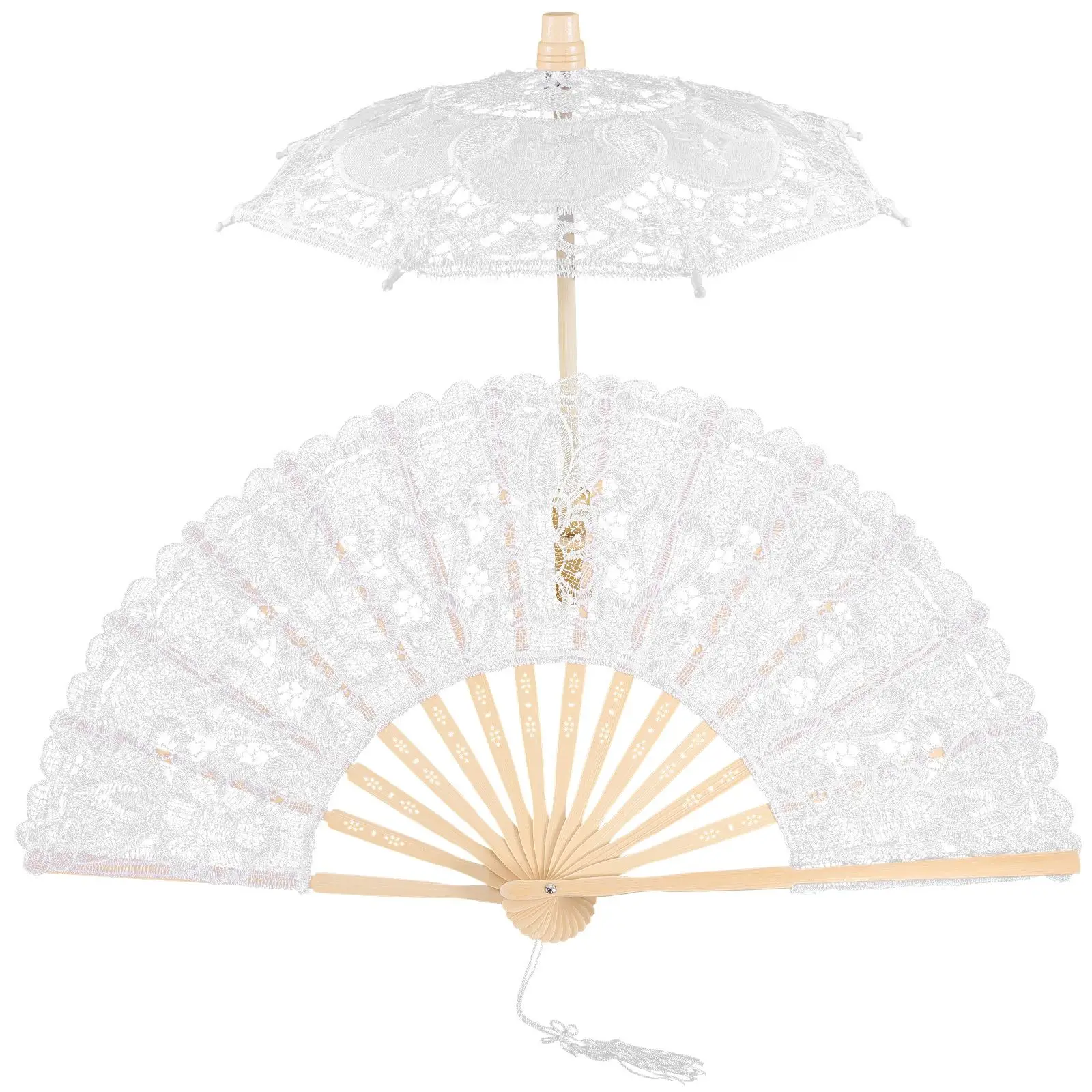 

2Pcs White Lace Umbrella 26cm Handle 29cm Diameter Wedding Prop Bridal Fan DecorationsVintage Parasol Photography Supplies
