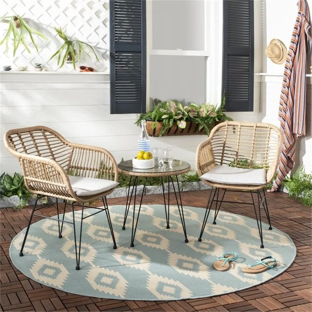 Collection Alton Light Brown Rattan/Beige Seat Cushion 3-Piece Patio Lounge Bistro Set with Table (PAT9004C)