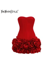 TWOTWINSTYLE Solid Spliced Appliques Slim Backless Short Dresses For Women Strapless Sleevelss Patchwork Lace Up Dress Female