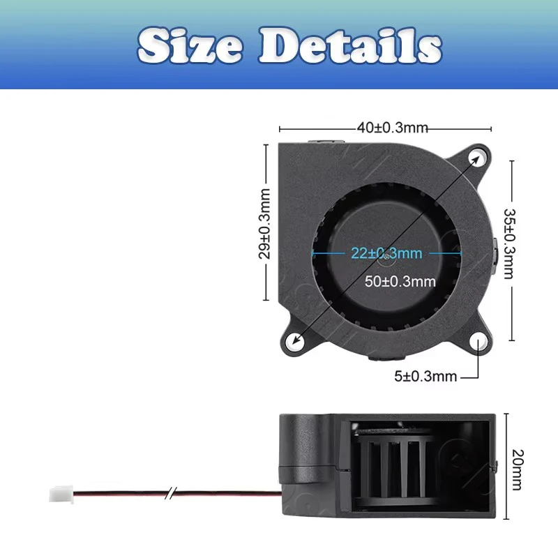 Wentylator dmuchawy do drukarki 3D Gdstime 4020 40mm 5V 12V 24V, wentylator radialny z podwójnym łożyskiem kulkowym 40x40x20mm, 2-pinowe złącze Dupont DC, bezszczotkowy wentylator turbo — zdjęcie produktu 5