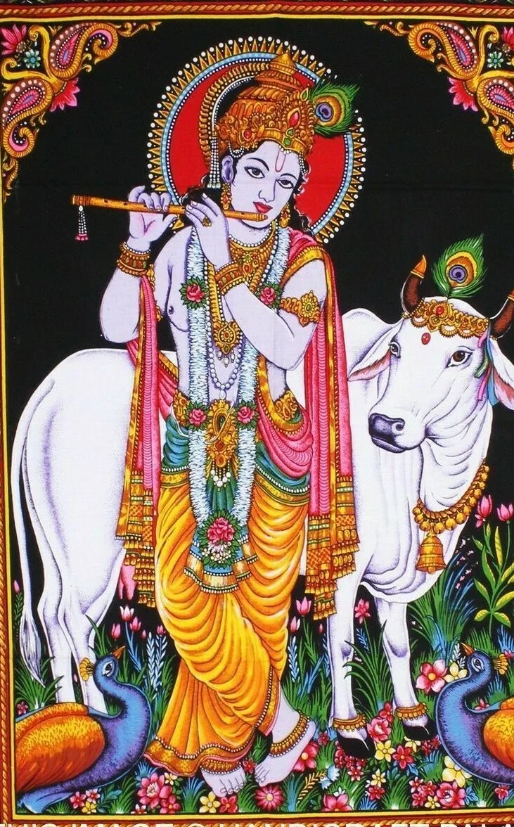 Lord Krishna Playing Flute with Cow Tapestry Indian Art Wall Hanging Decor for Home Bedroom Yoga Space