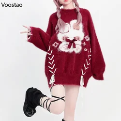 Harajuku Y2k Cartoon Bunny Knitted Pullover Women Autumn Winter Sweet O-Neck Long Sleeves Red Sweater Coat Loose Knitwear Tops