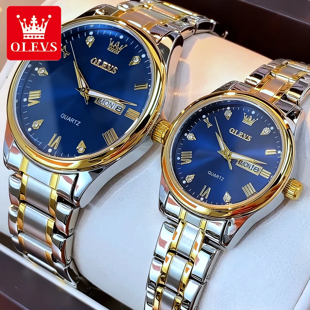 OLEVS часы для пар, трендовые модные римские весы, оригинальные кварцевые наручные часы из нержавеющей стали для влюбленных, водонепроницаемый светящийся календарь