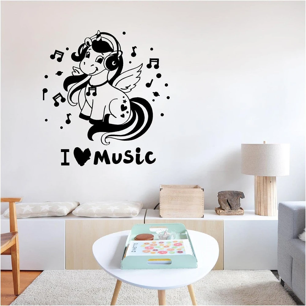 I love Music Unicorn Wall Decal Quote Music Note Wall Sticker for Kids Room Nursery Decor Vinyl Interior Decor Wallpaper A154