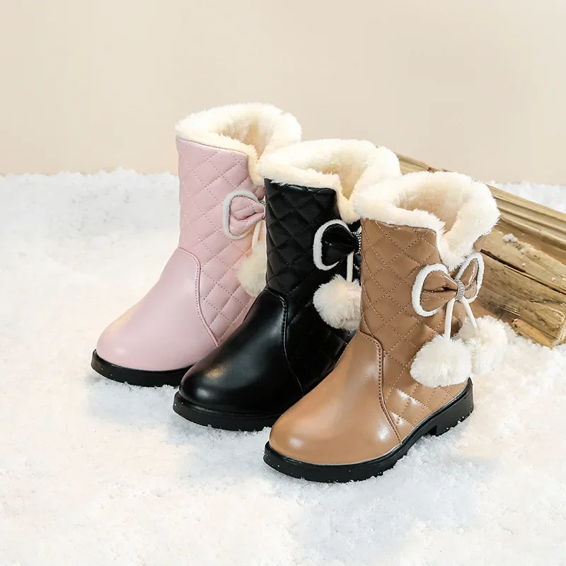 Girls Warm Boots with Bow Kids Snow Boots with Fur Plush 2024 Winter New Fashion Children Princess Boots Waterproof Platform