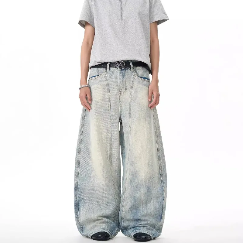 

American Retro Washed Curved Knife Wide Leg Jeans for Spring Autumn High Street New Loose and Deconstructive Design Long Pants