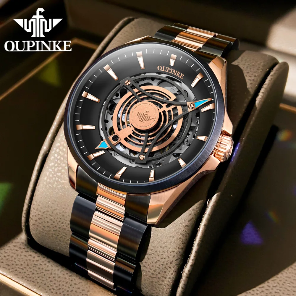 OUPINKE 3206 Top Brand Hollow Mechanical Watch For Men Synthetic Sapphire Mirror Waterproof Wristwatch Luxury Business Watches