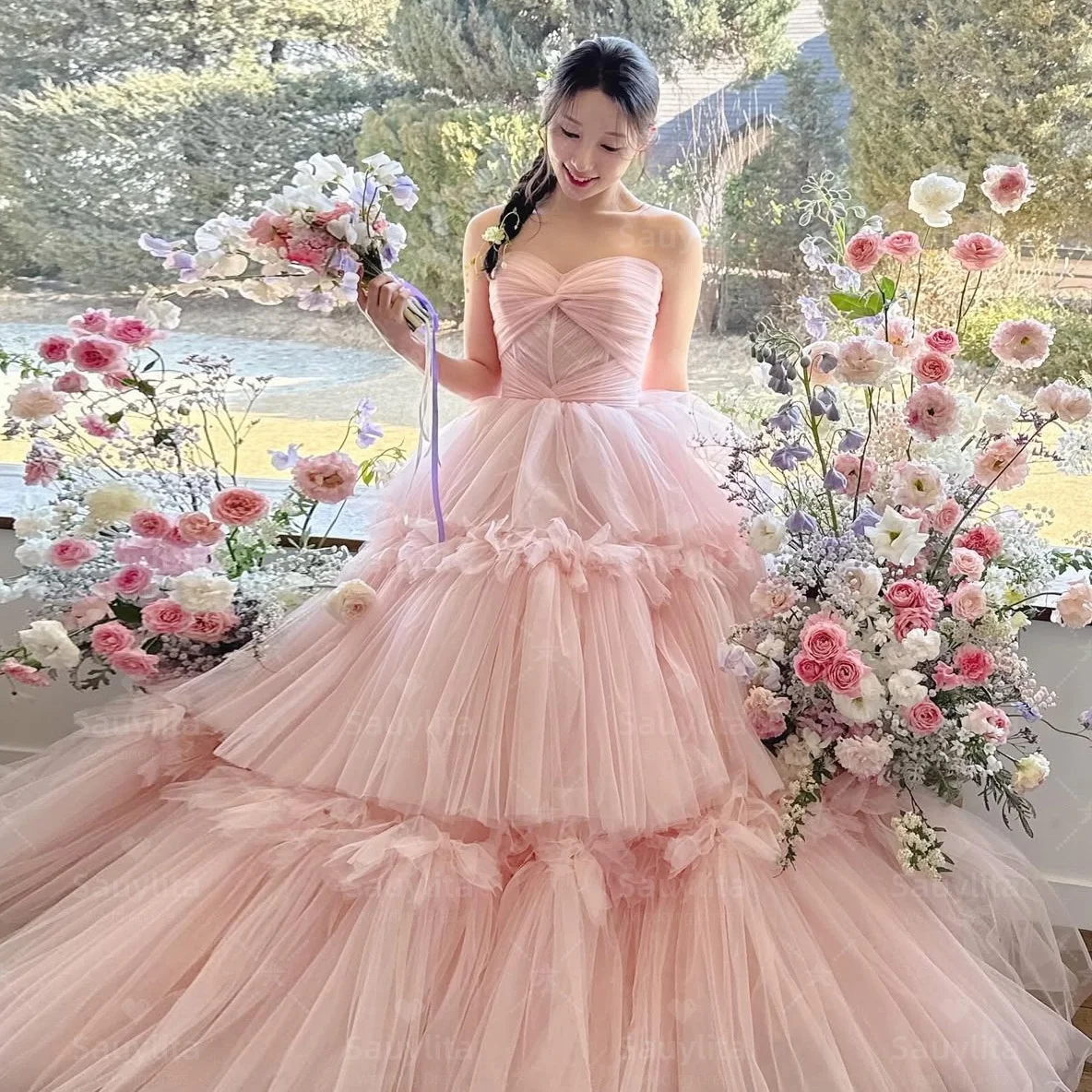 

Sayulita Pink Tulle Tiered Prom Dresses Ruched Sweetheart Birthday Party Korea Girls Wear Special Occasion Dress Customized