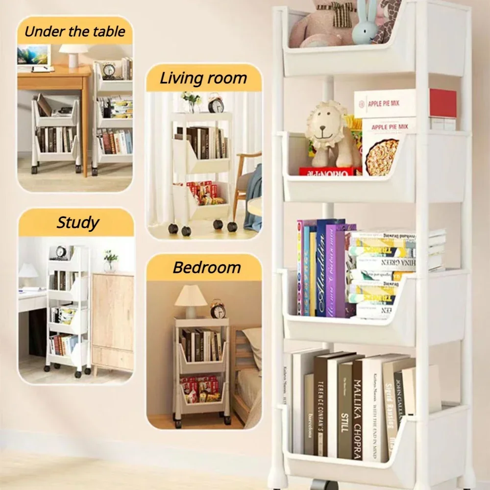 رف كتب بعجلات متحركة، رف تخزين ألعاب مجمع، رف تخزين كتب زاوية بسعة كبيرة، خزانة عرض بسيطة متعددة الطبقات