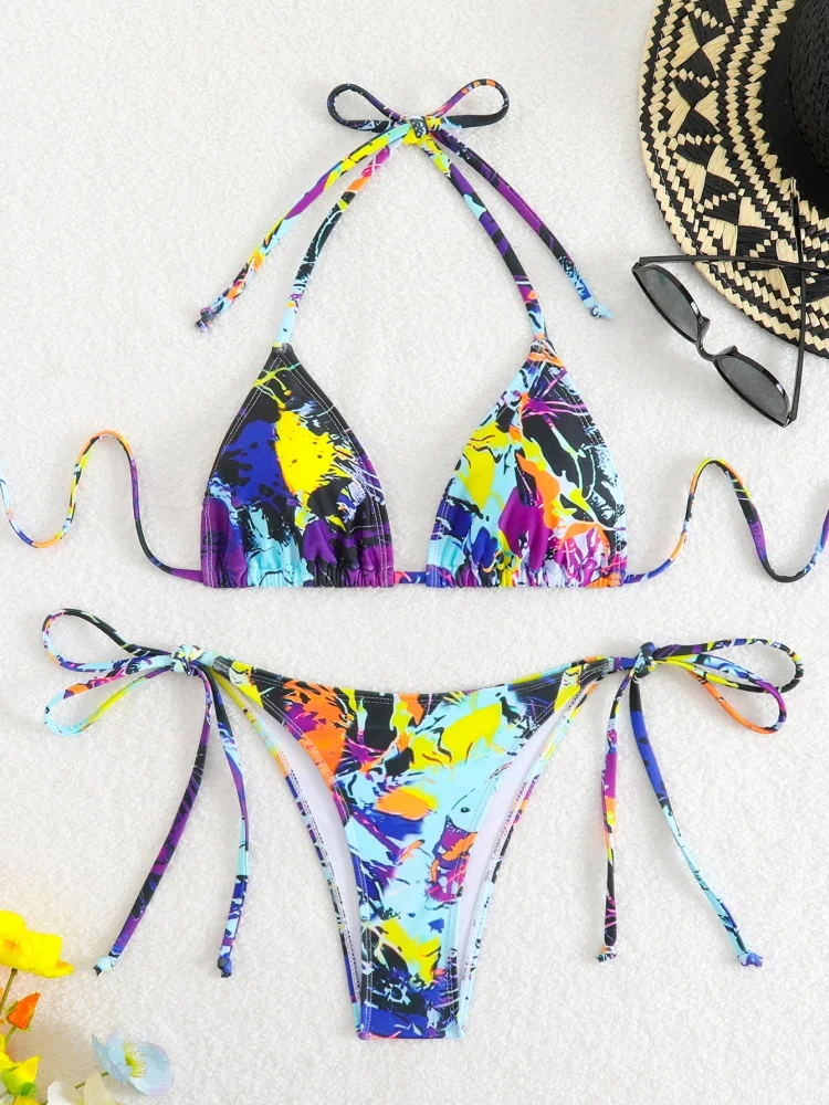 

Bikini Women Swimsuit 2025 New Purple Print Halter Bikinis Set Sexy Lace Up Swimwear Summer Two Piece Beach Bathing Suit Female