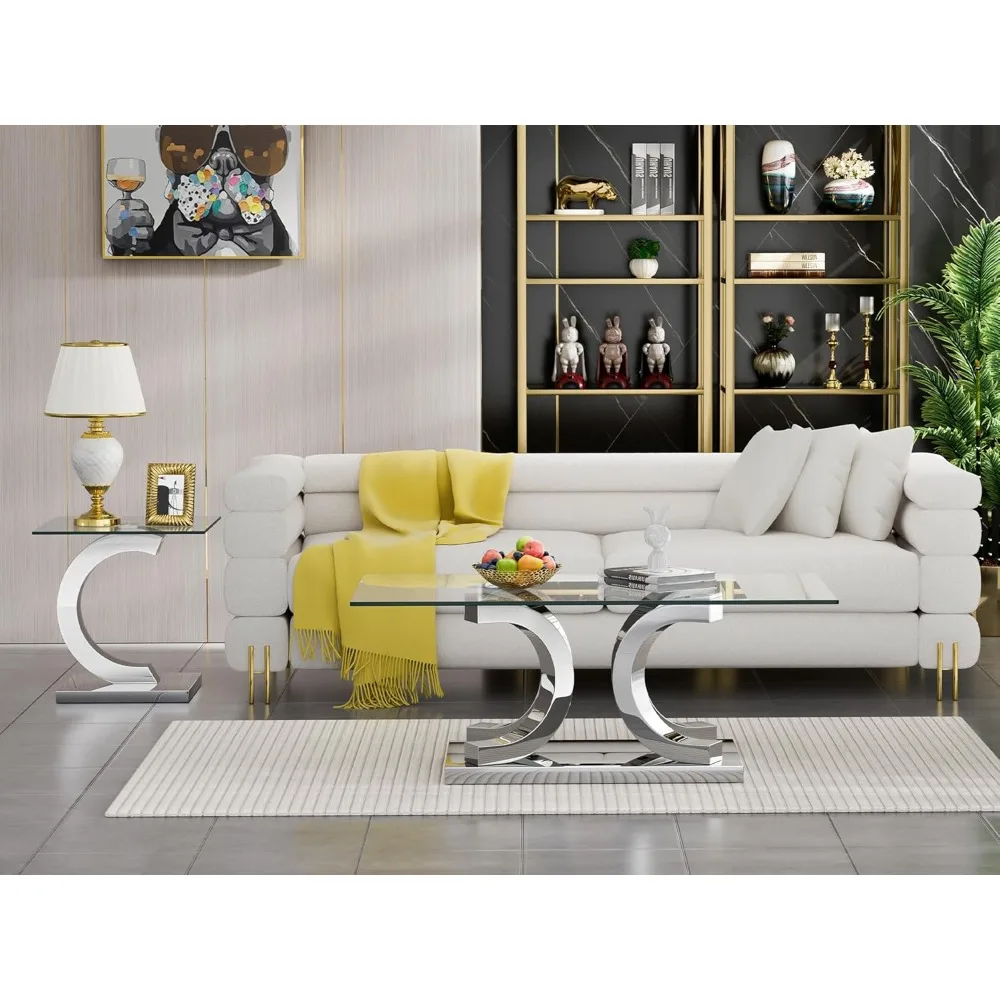 Glass Coffee Table with Silver 4C Stainless Steel Metal Leg, 47 Rectangular Clear Tempered Glass Center Stainless Steel Tea Tabl