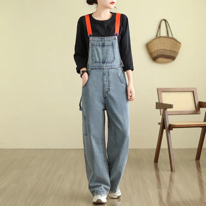 6253 Spring Autumn Fashion Washed Denim Jumpsuit for Women Casual High Waist Wide Leg Pants Female Loose Pockets Overalls Jean