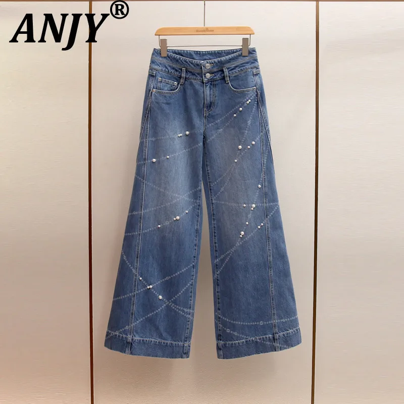 

ANJY 2026 Spring Autumn New Women European High-End Fashion Beaded Elegant Straight Jeans Ins Trend Versatile Denim Pants A18344