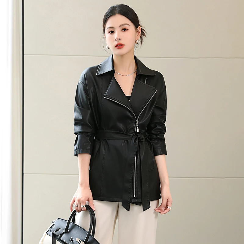 

New Women Spring Autumn Black Leather Coat Fashion Zipper Fly Lace-up Slim Waist Sheepskin Trench Coat Split Leather Casual Coat