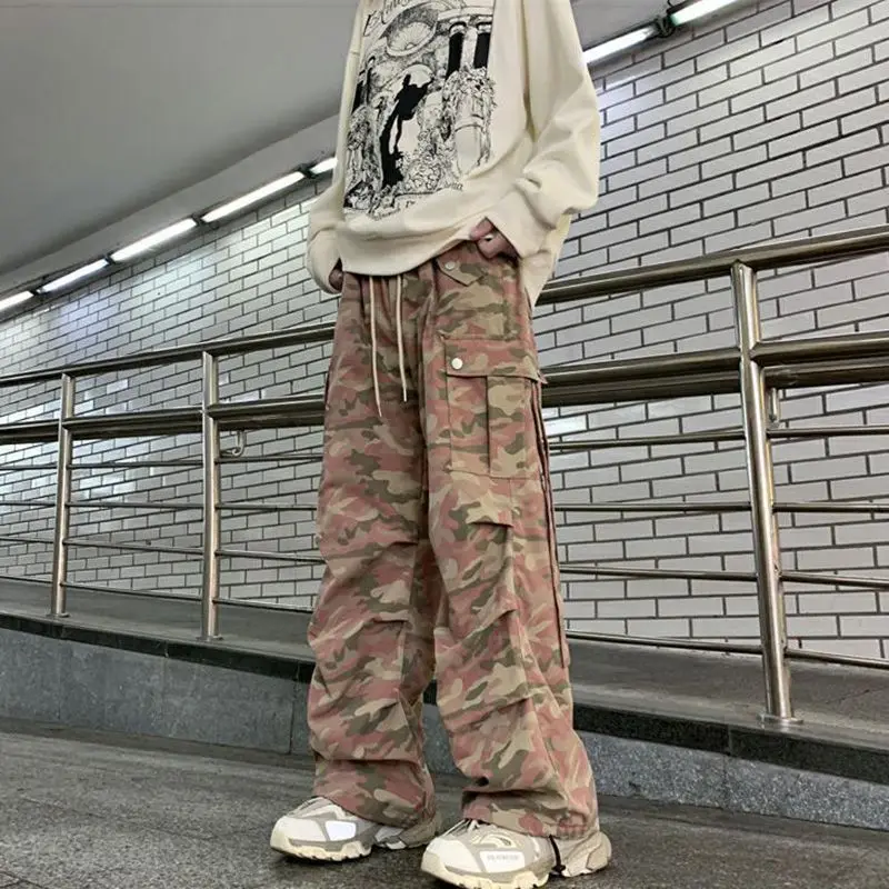 Men's Multi-pocket Camouflage Pants Hip-hop Style Young Boy Bottoms Contrast Color Casual Straight Wide Leg Loose Male Trousers