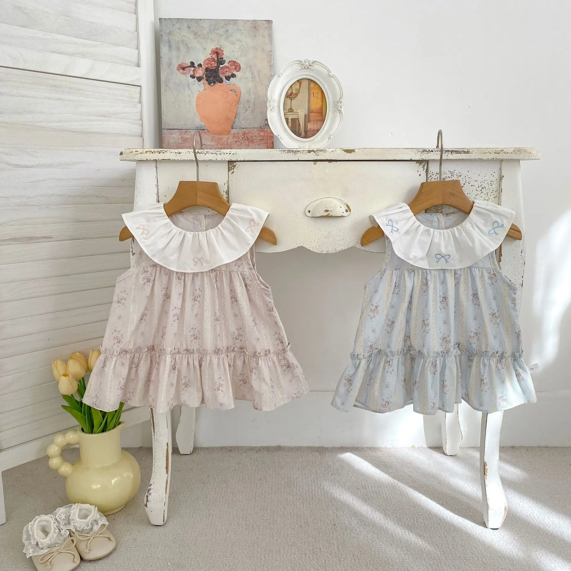 

Летнее платье для девочек от 9 месяцев до 5 лет, детское платье принцессы, милое платье-жилет с воротником Питер Пэн для малышей, тонкое хлопковое детское платье без рукавов с цветочным принтом