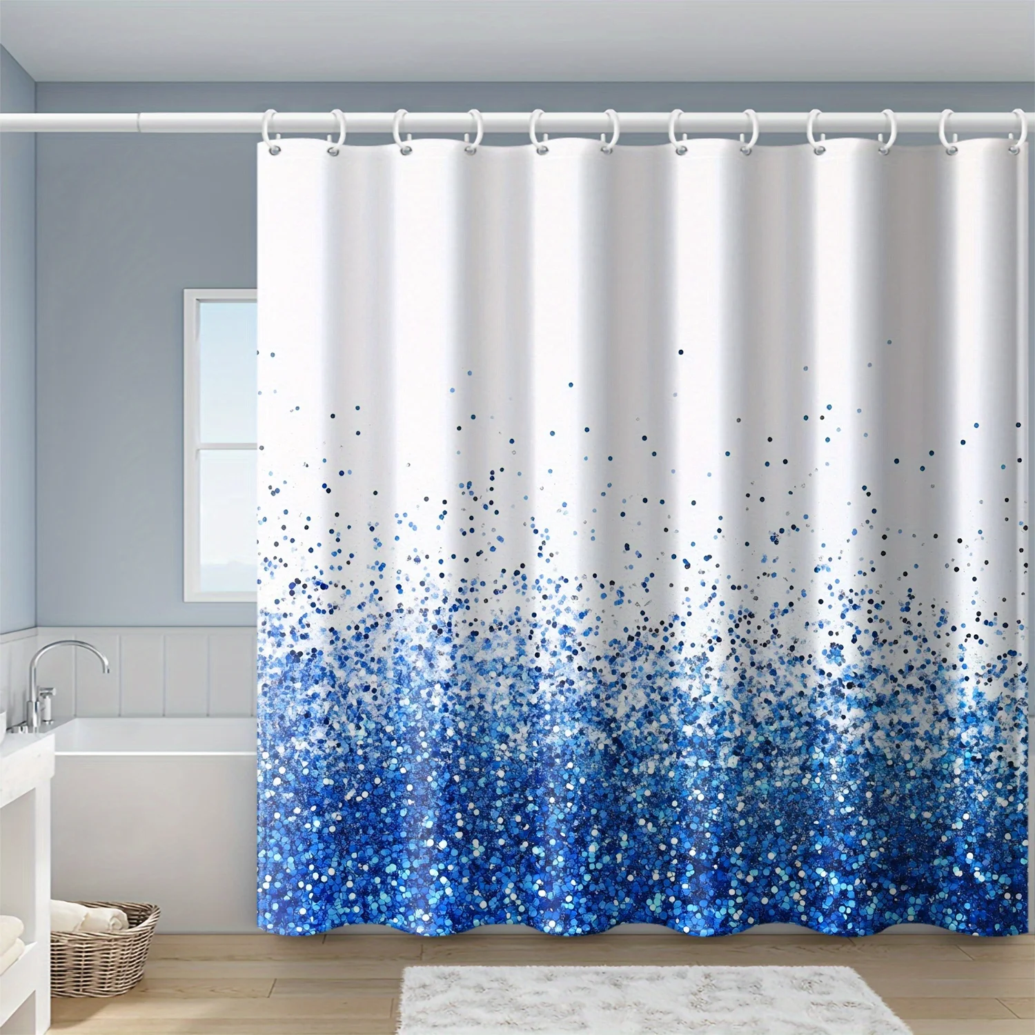 1pc Blue & White Gradient Glitter Pattern Shower Curtain - Stylish Modern Design with Plastic Grommets, Machine Washable Polyest