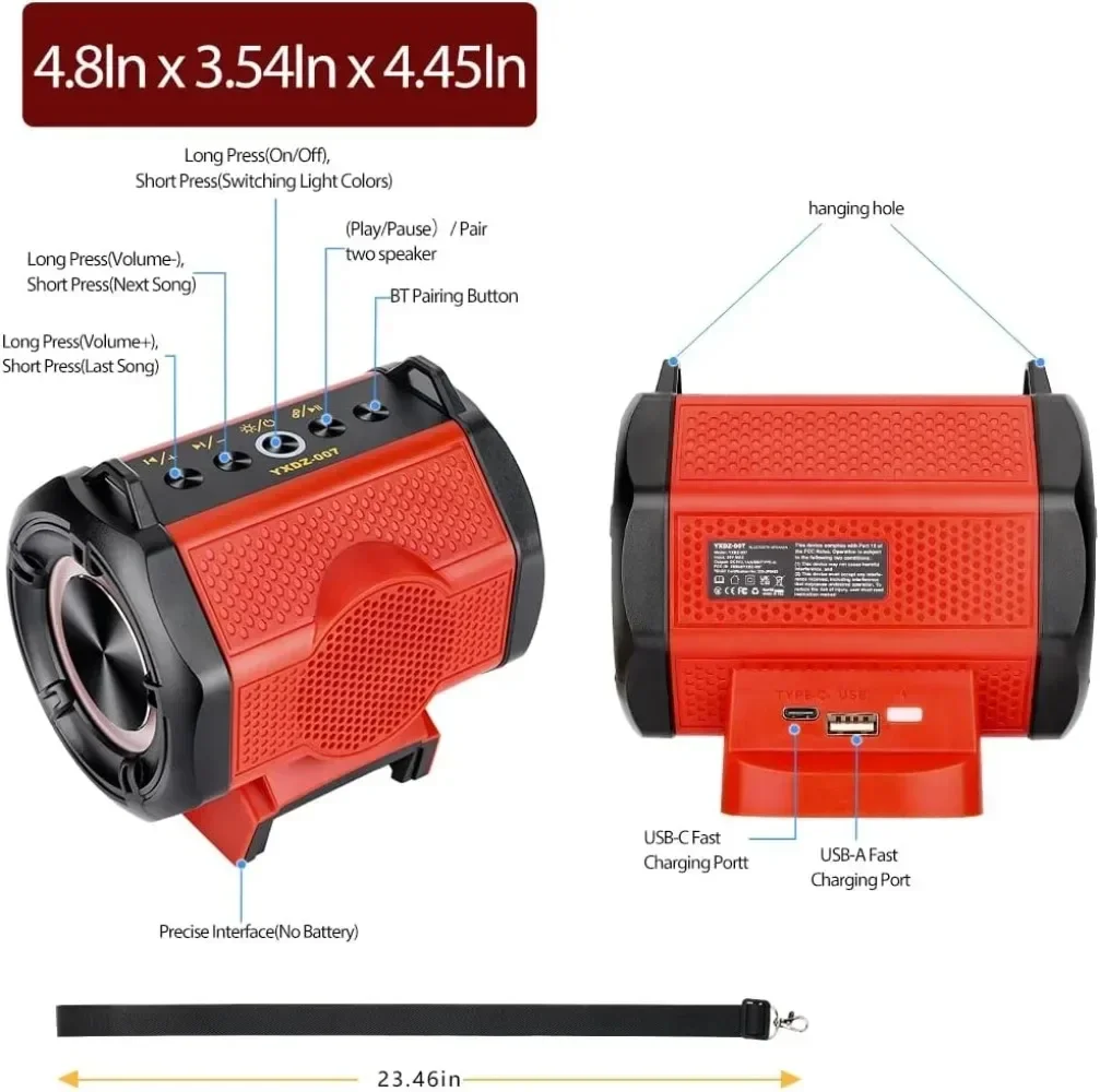 Bluetooth Speaker Enhanced Bass Portable Speaker For Makita Dewalt Milwaukee Bosch 18V Lithium Battery for Karaoke Party