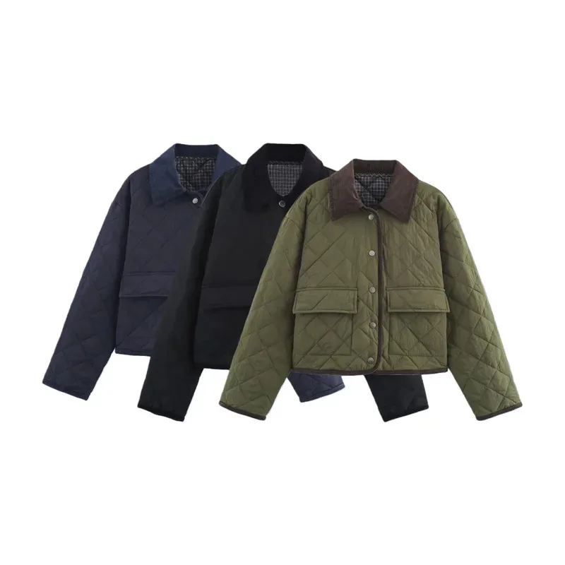 

2026 Winter New Women's Casual Fashion Corduroy Quilted Nylon Lazy Style Turn-Down Collar Long Sleeve Short Cotton Jacket