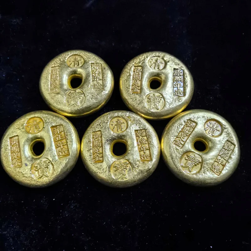 Antique Craft Solid Cast Five Emperors Peace Buckle Gold Coin Gold Ingot Gold Bar Craft Ornament