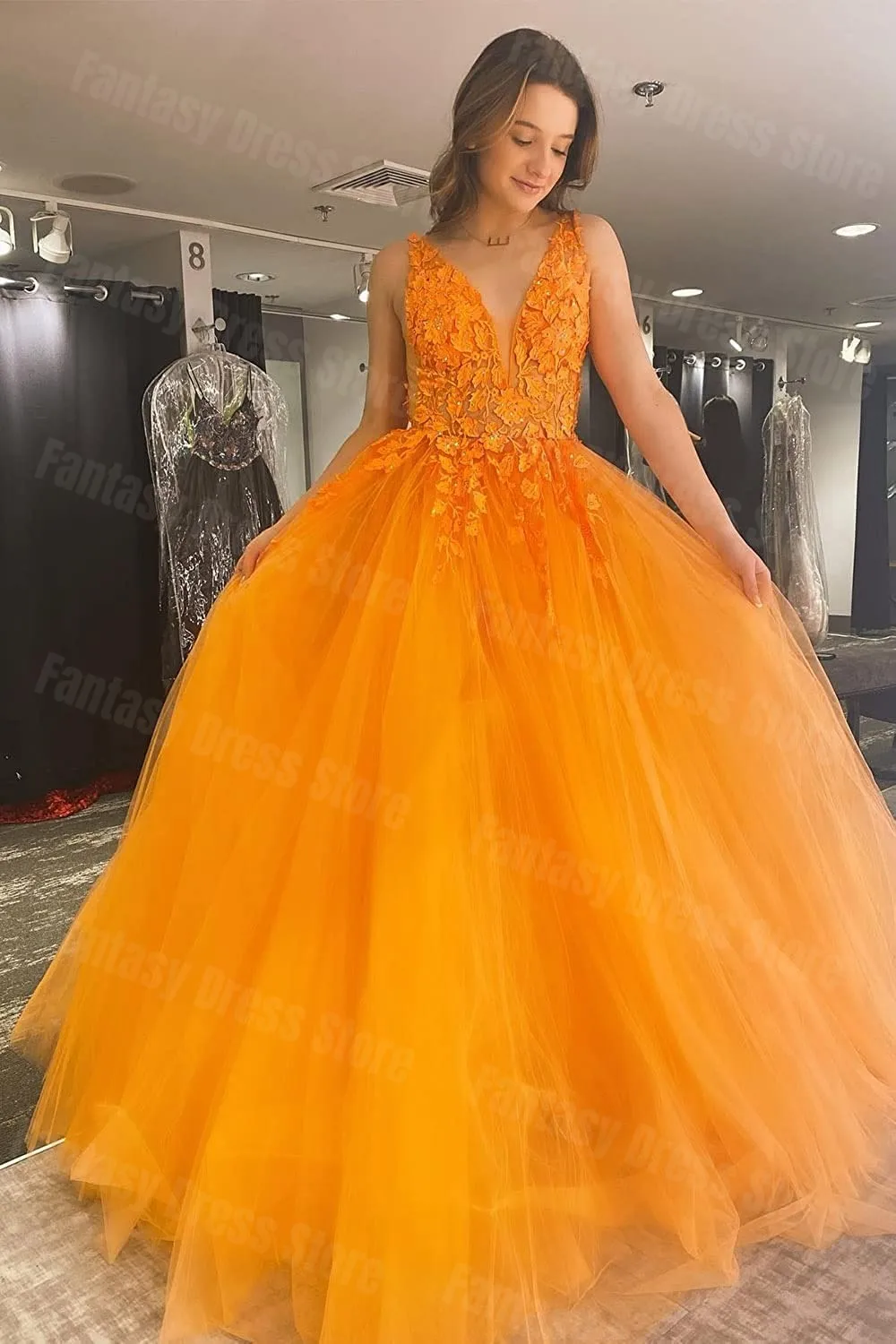 Fantasy Dress Orange Sexy Deep V-Neck 3D Flower Evening Dresses Open Back A-line Tulle Decal Prom Gowns For Women فساتين السهرة