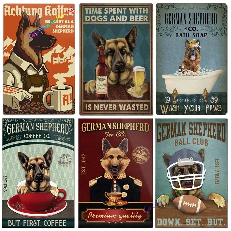 German Shepherd Drink Beer Coffee Metal Poster Funny Tin Sign Decor Home Bathroom Garden Wall Plaque Pet Dog Decoration Plates