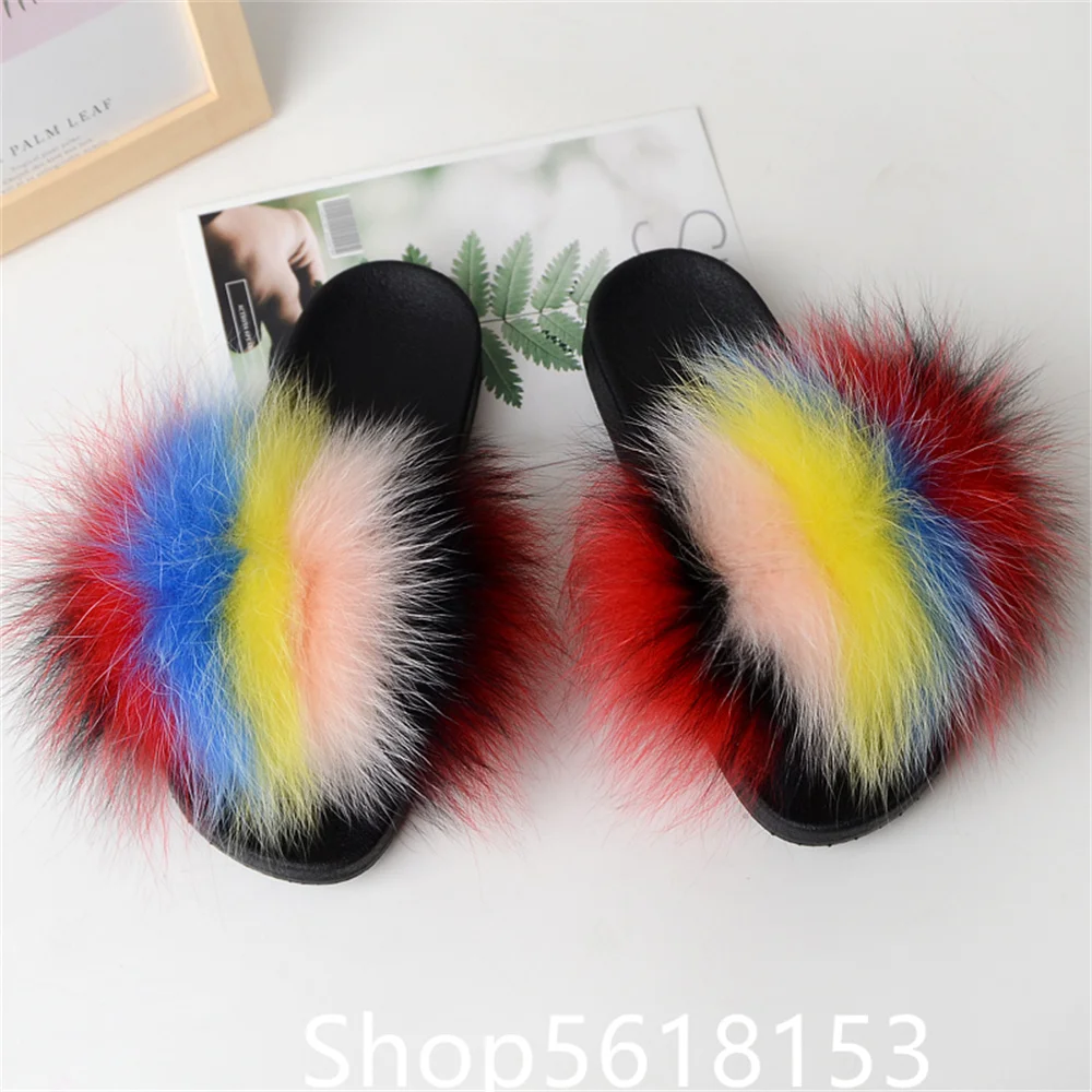 Five color contrast Fashion Versatile Real Fox Fur Grass Slippers Popular on the Internet Going Out