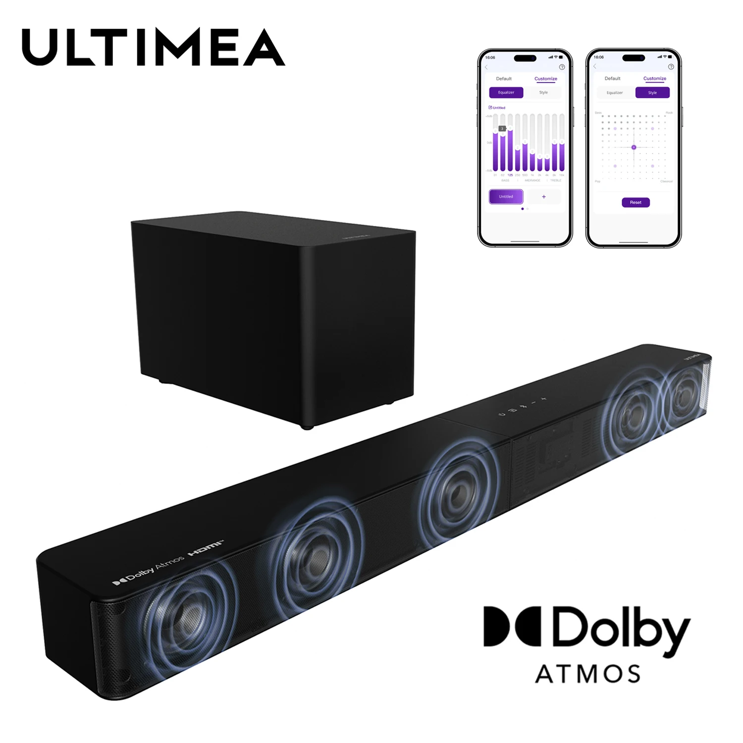 

ULTIMEA Poseidon M60 Boom 5.1ch Soundbar with Dolby Atmos, 340W Home Theater System with 5.25" Wired Subwoofer, APP Control