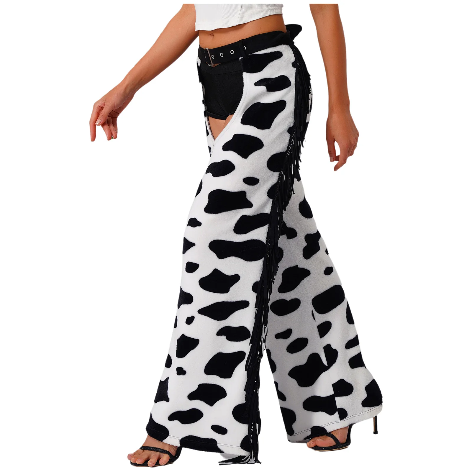 Womens Cow Spot Flannel Pants Halloween Cowboy Chaps Cosplay Costume Open Crotch Cowgirl Trousers Side Tassel for Biking Riding view 2