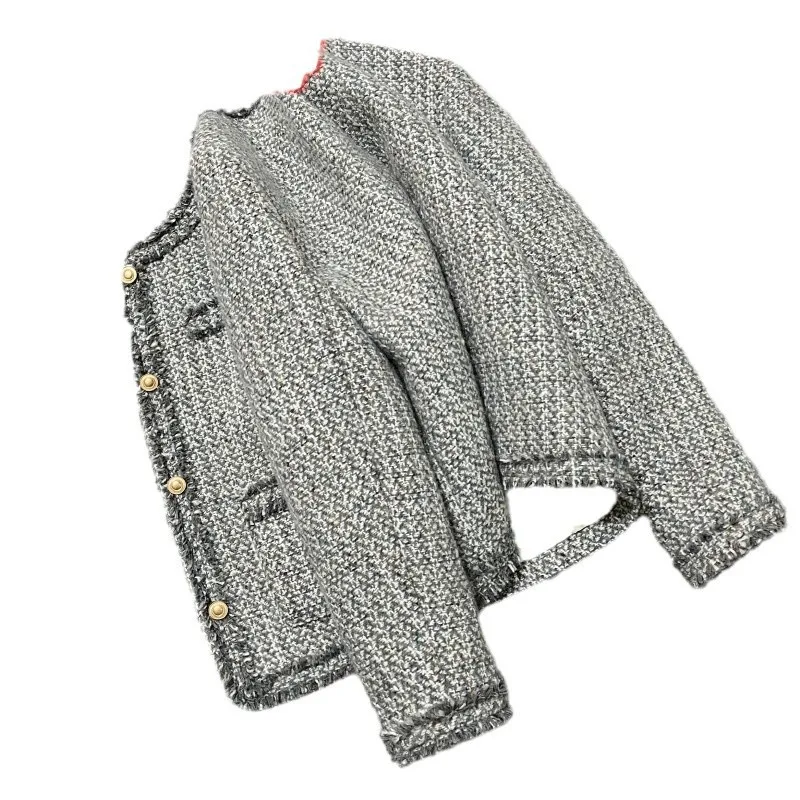 Women's gray coarse tweed jacket 2026 new winter small fragrant style versatile top