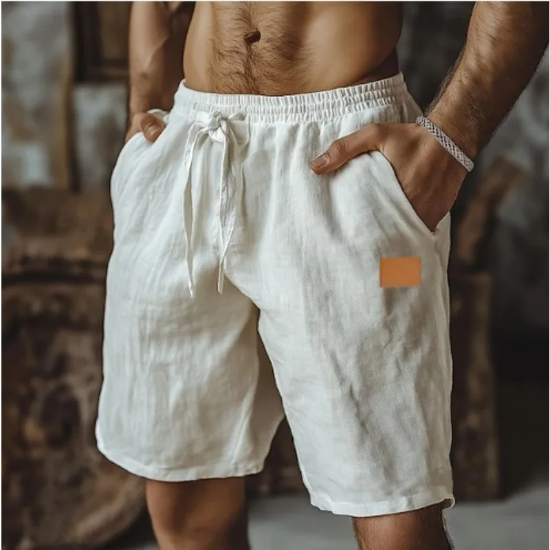 Linen Shorts Drawstring Elastic Waist Straight Legs Solid Color Breathable Daily Beach Five-point Casual Pants