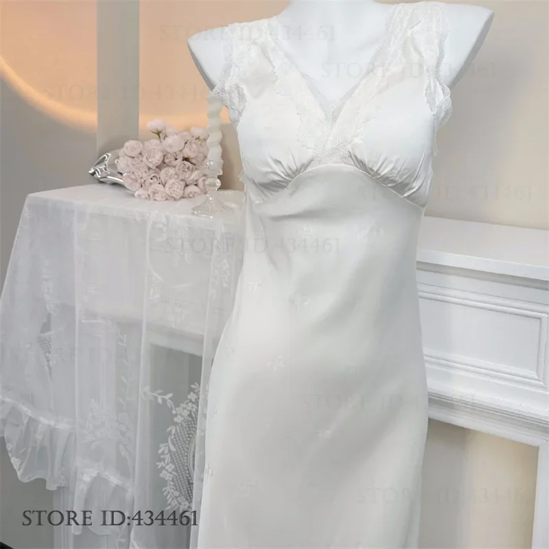 Spring Summer New Women Long Nightgown Chemise Sleepwear Sexy Lace Sleeveless Nightdress Home Clothes Elegant Ice Silk Sleepwear