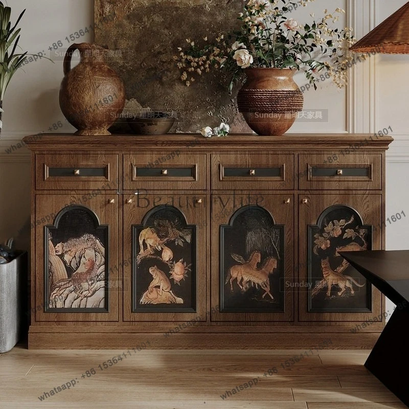 

Solid wood hand-painted printed chest of drawers American vintage storage solid wood wabi-sabi style storage cabinet