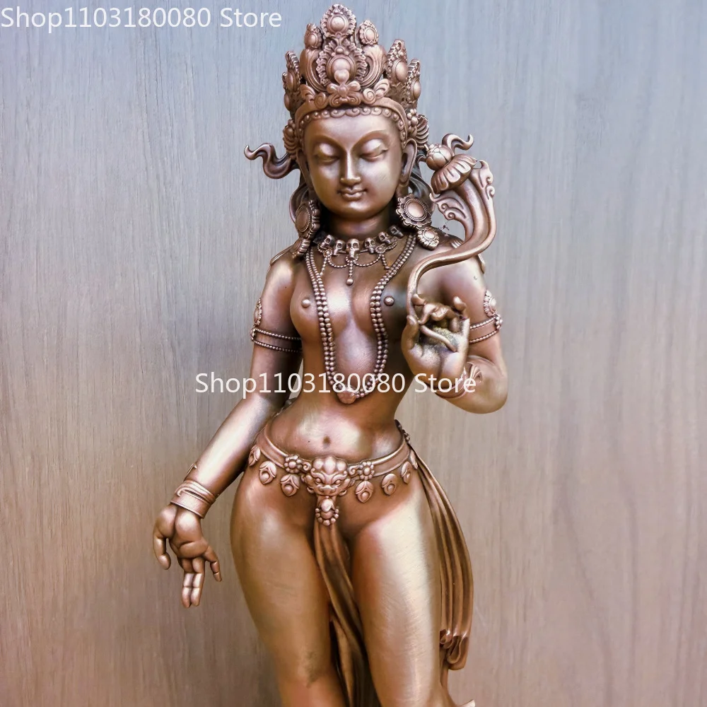23cm Handcrafted Red Copper Carved Standing Green Tara Statue Tibetan Goddess of Mercy for Home Altar Meditation Display Decor
