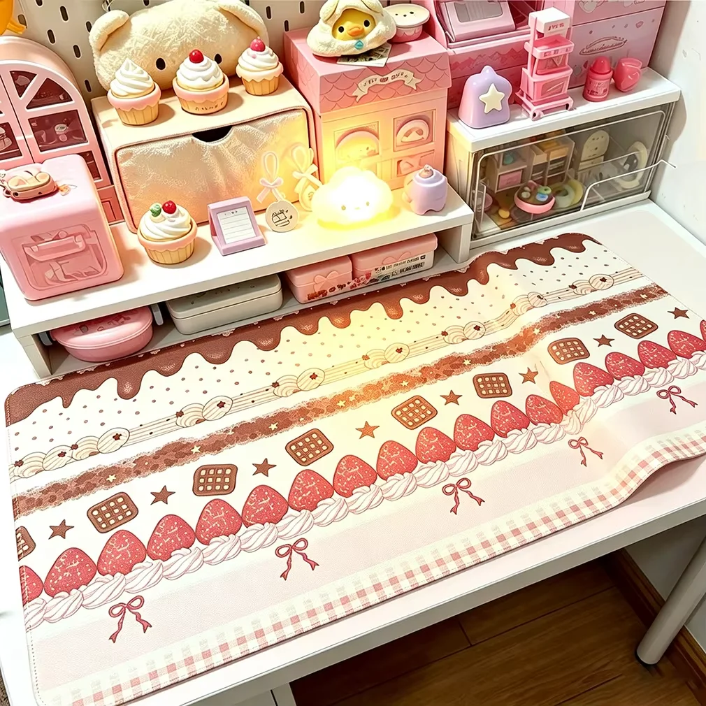 Pink Strawberry Cake Chocolate Doughnut Sweet Girl PU Leather Desk Pad Protector Y2K Mouse Pad Office Desk Mat Desk Blotter Pad