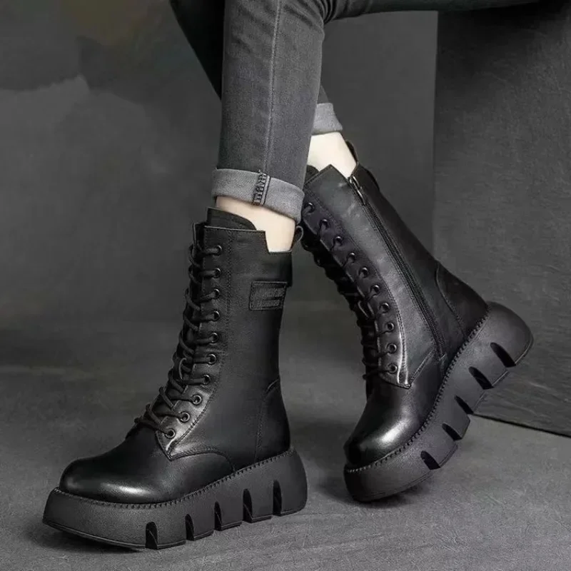 Moda Damskie Skórzane Buty Wysokie Casualowe Bawełniane Buty Pluszowe Ciepłe Buty Zimowe dla Kobiet Antypoślizgowe Buty Platformowe Botas Mujer