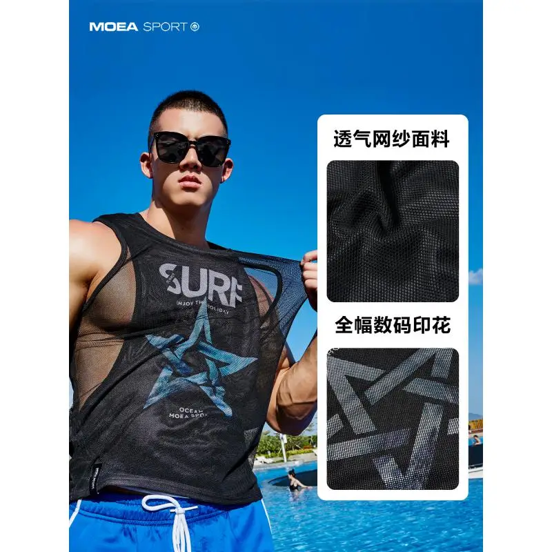 DROZENO Sleeveless T-shirt Mesh Sports Vest Men's Loose Fitness Clothes Shoulder Show Muscle