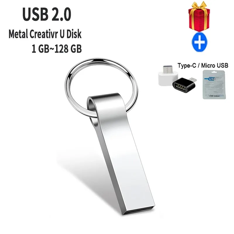 แฟลชไดร์ฟ USB ใหม่, 64GB, 32GB, 16GB, 8GB, 4GB, หน่วยความจำเซลของที่ระลึก, กันน้ำ, เงิน, ดิสก์