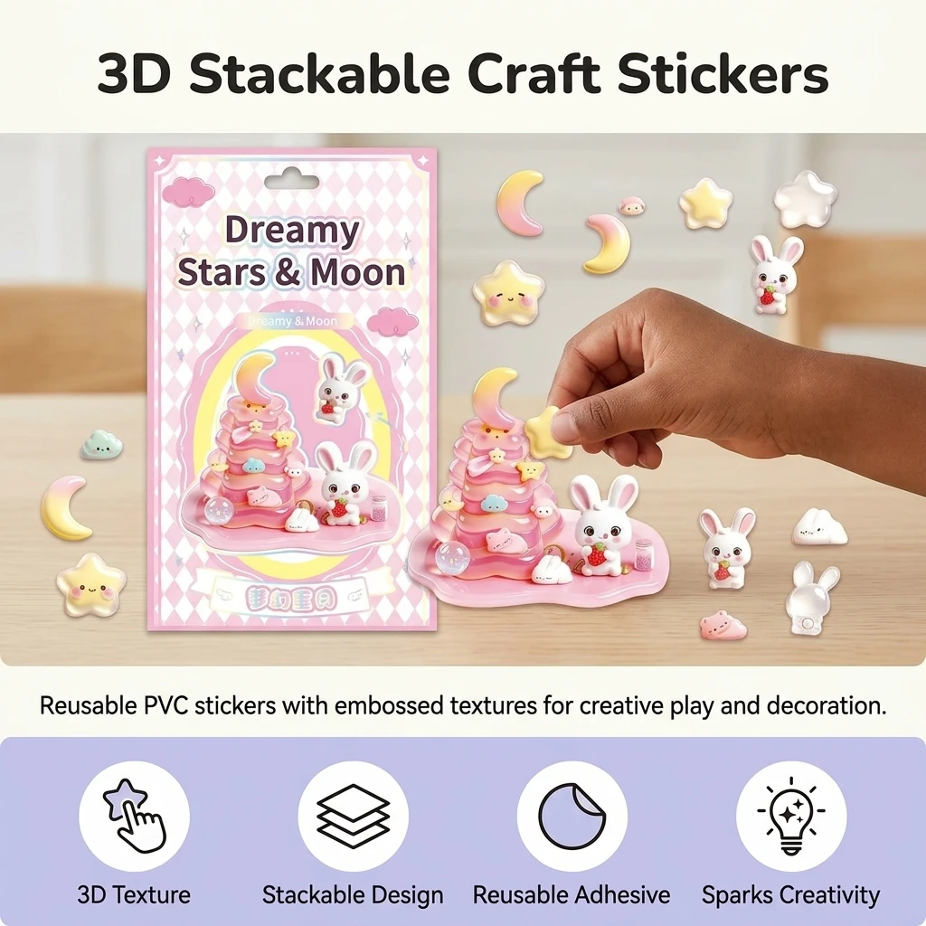 Stackable 3D Embossed Stickers Creative for Desktop Decor DIY PVC Decorative Craft Set Kids Party Gift Wrap Art Supplies