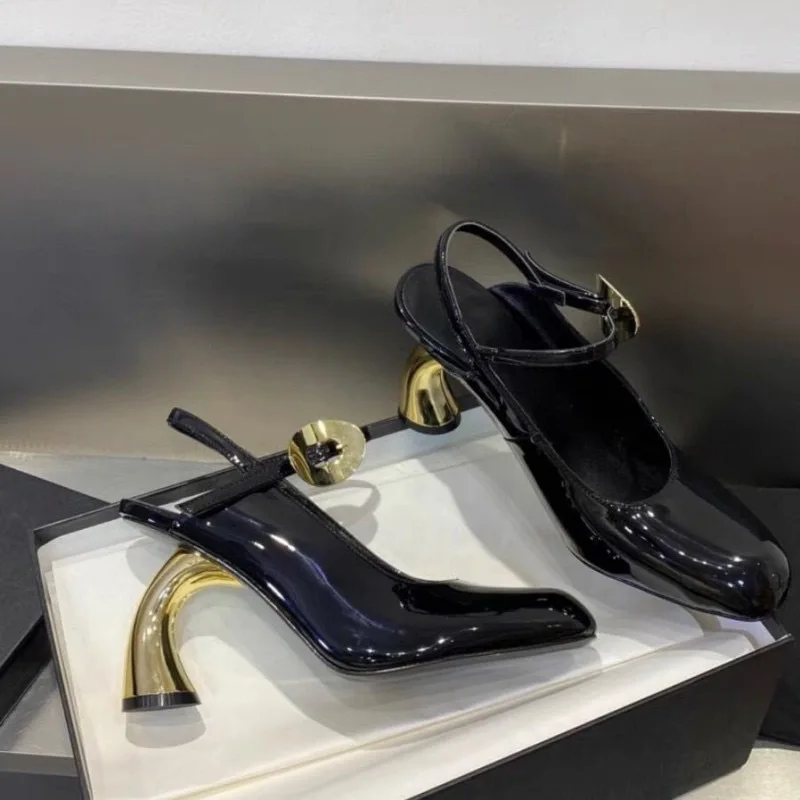 Alien Heel High Heels Metal Buckle Sandals Round Toe Mary Jane High Heels Rear Empty Sandals Women Shoes Simple Sandals