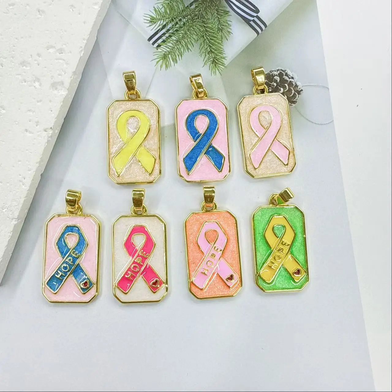 5Pcs exquisite enamel love ribbon pattern tarot pendant jewelry copper DIY bracelet necklace accessories pendant material